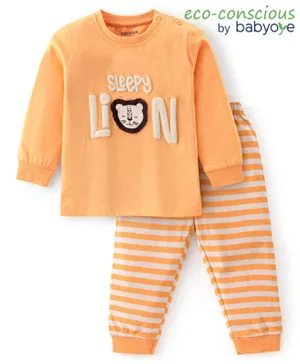 Babyoye 100% Cotton With Antibacterial Finish Full Sleeves Striped & Lion Detailing Night Suit - Peach