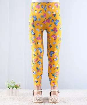 Babyhug Cotton Lycra Knit Full Length Stretchable Leggings Floral Print - Yellow