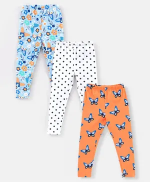 Babyhug Cotton Lycra Full Length Leggings Floral & Butterfly Printed Pack of 3 - Multicolor