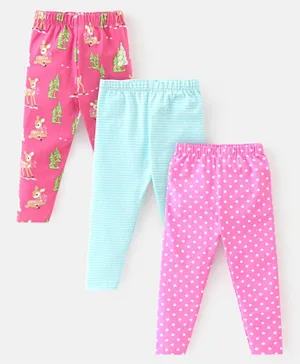 Babyhug Cotton Lycra Knit Full Length Leggings with Stretch & Heart Print Pack of 3 - Pink & Blue