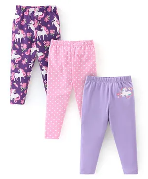 Babyhug Cotton Lycra Knit Full Length Leggings with Stretch & Unicorn Print Pack of 3 - Pink & Purple
