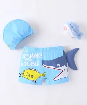 Babyhug Swimming Trunks with Cap Shark Print - Blue