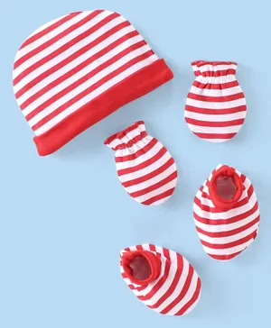 Babyhug 100% Cotton Knit Cap Mittens & Booties With Stripes - Red