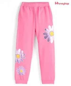 Honeyhap Premium Cotton Looper Ankle Length  Lounge Pant with Bio Finish Floral Print - Pink