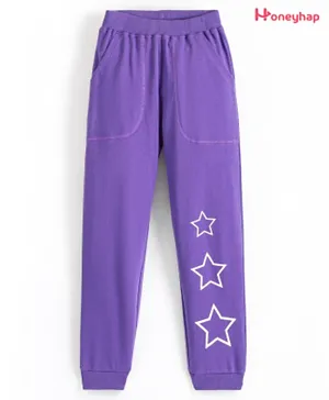 Honeyhap Premium Cotton Looper Ankle Length Lounge Pants with Bio Finish & Stars Printed - Prism Violet