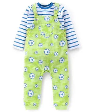 Babyhug 100% Coton Knit Foot Ball Print Dungaree With Front Pocket & Full Sleeves Inner Tee - Green