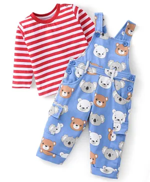 Babyhug 100% Cotton Knit Dungaree & Full Sleeves T-Shirt Set Teddy Print - Blue & Red