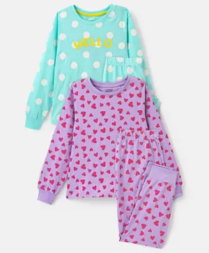 Primo Gino 100% Cotton Full Sleeves Nightsuit With Polka Dots & Heart Print Pack Of 2 - Aqua & Purple