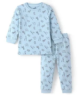 Doodle Poodle Knitted Full Sleeves Space Ships Printed Thermal Vest & Pajama Set - Blue