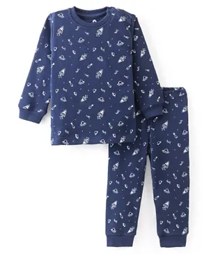 Doodle Poodle Knitted Full Sleeves Space Ships Printed Thermal Vest & Pajama Set - Navy Blue