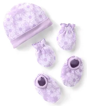 Babyhug 100% Cotton Knit Cap Mittens & Booties Set with Floral Print - Purple