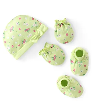 Babyhug 100% Cotton Knit  Cap Mittens & Booties Floral Print - Green