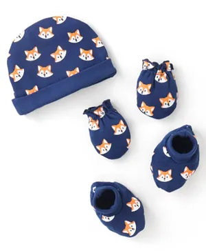 Babyhug 100% Cotton Knit Fox Printed Cap Mittens & Booties Set - Navy Blue