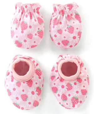 Babyhug 100% Cotton Knit Floral Printed Mittens & Booties - Pink