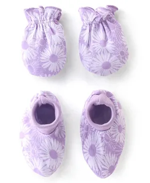 Babyhug 100% Cotton Knit Floral Print Mittens & Booties - Purple