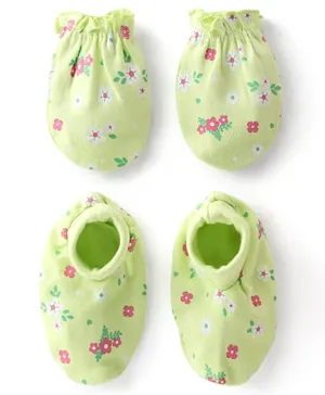 Babyhug 100% Cotton Interlock Knit Mittens & Booties Floral Print - Green
