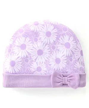 Babyhug 100% Cotton Knit Cap With Floral Print & Bow - Purple