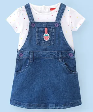 Babyhug 100% Cotton Knit Strawberry Embroidered Denim Frock with Half Sleeves Inner Tee Polka Dot Print - Blue