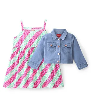 Babyhug Cotton Knit Floral Printed Frock With Full Sleeve Denim Jacket - Multi Color