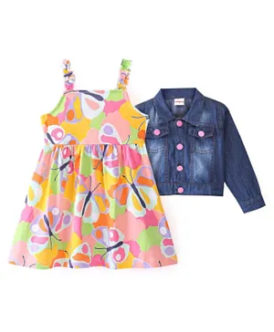 Babyhug Cotton Knit Sleeveless Butterfly Print Frock With Denim Jacket - Multi Color