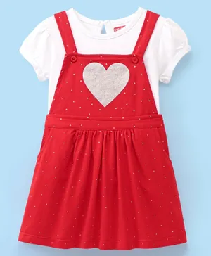 Babyhug 100% Cotton Knit Heart Printed Frock with Half Sleeves Inner Tee Smocking Detailing - Red
