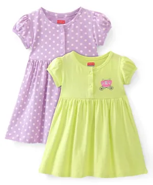 Babyhug Cotton Knit Short Sleeves Frocks With Polka Dots Print Pack Of 2 - Lilac & Green