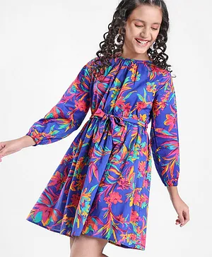 Pine Kids 100% Cotton Full Sleeves Floral Printed Dress With Self Fabric Belt For Tie Up- Blue