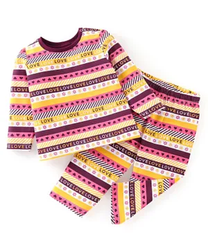 Babyhug Cotton Knit Full Sleeves Night Suit With Text Print - Yellow & Purple