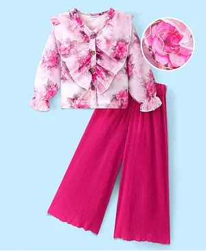 Ollington St. Organza Floral Top & Pleated Satin Culottes with Gold Detailing - White & Pink