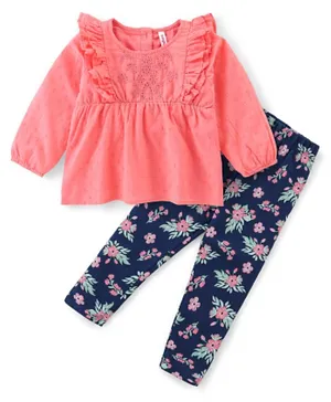 Babyhug 100% Cotton Knit Full Sleeves Top & Leggings With Floral Print & Embroidery - Peach & Navy Blue