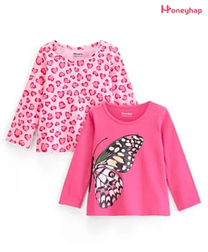 Honeyhap 2 Pack Premium Cotton Full Sleeves T-Shirts with Bio Wash Butterfly & Hearts Print - Pink