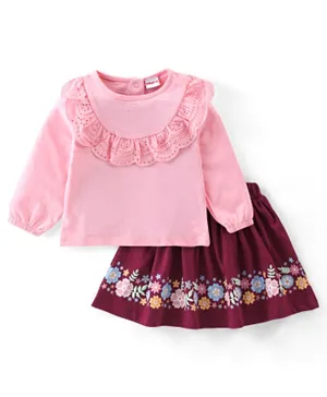 Babyhug 100% Cotton Knit Full Sleeves Top and Skirt Set with Lace Detailing Floral Print - Peach & Maroon