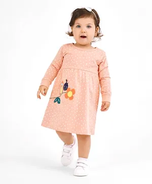 Bonfino 100% Cotton Knit Full Sleeves Polka Dotted Frock Snail Embroidery - Pink