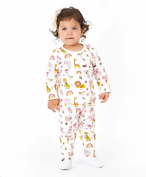 Bonfino 100% Cotton Full Sleeves Jungle Animals Printed Night Suit - Ivory