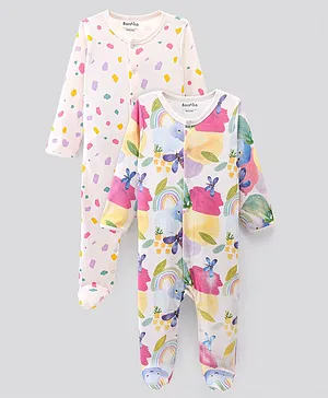 Bonfino 100% Cotton Knit Full Sleeves Sleep Suit Rainbow Print Pack of 2 - Ivory