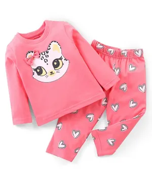 Babyhug Cotton Knit Full Sleeves Night Suit Kitty Print - Pink