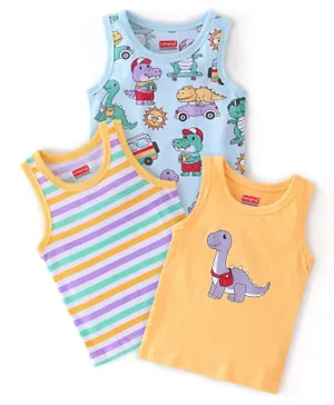Babyhug 3 Pack 100% Cotton Knit Antibacterial Sleeveless Sando Dino Print - Multicolour