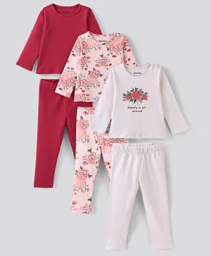 Bonfino 100% Cotton Knit Full Sleeves Night Suit Floral Print Pack of 3- Red White & Pink