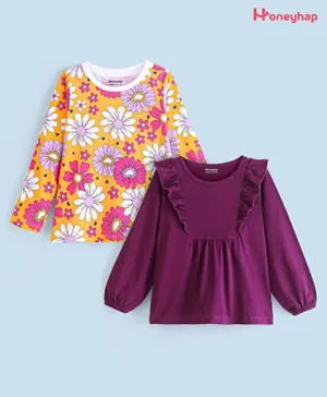 Honeyhap Premium 100% Cotton Single Jersey Knit Full Sleeves Top with Bio Wash Floral Print Pack of 2 - Blazing Orange & Dark Purple
