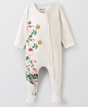 Bonfino 100% Cotton Full Sleeves Sleepsuit with Floral Print - Ivory