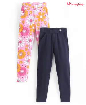 Honeyhap Premium Cotton Super Soft Stretchable Ankle Length Leggings Text Printed with Bio Finish Pack of 2 - Navy & Pink