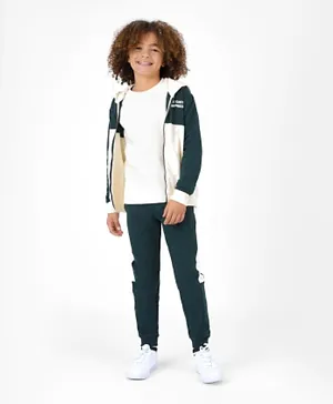 Primo Gino Cotton Knit Full Sleeves Colour Block Hoodie & Lounge Pants Set - Green & Off White