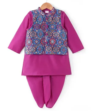 Babyhug Cotton Woven Full Sleeves Floral Printed Kurta & Dhoti Set with Jacket - Purple