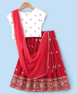 Babyhug Woven Half Sleeves Choli & Lehenga Set with Dupatta & Floral Embroidery - White & Red