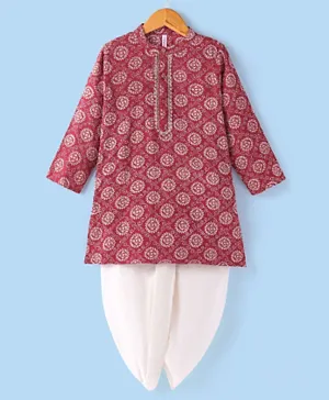 Babyhug 100% Cotton Woven Full Sleeves Bandhani Printed Kurta Dhoti Set - Red