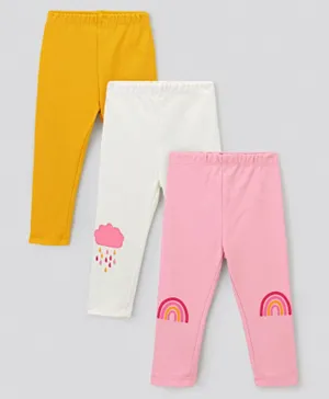 Bonfino 100% Cotton Leggings Rainbow Print Pack of 3 - Yellow Ivory & Pink