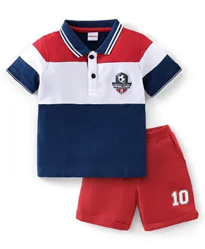 Babyhug 100% Cotton Knit Half Sleeves T-Shirt & Shorts With Football Print - Blue & Red