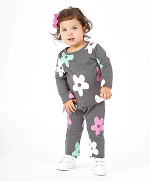 Bonfino 100% Cotton Knit Full Sleeves Floral Printed T-Shirt & Lounge Pants Set - Grey