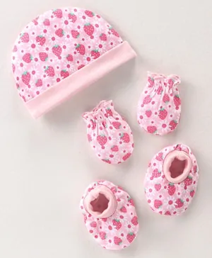 Babyhug 100% Cotton Interlock Knit Cap Mittens & Booties Set with Strawberry Print - Pink