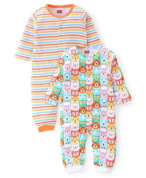 Babyhug 2 Pack 100% Cotton Full Sleeves Striped Animals Print Rompers  - Multicolor